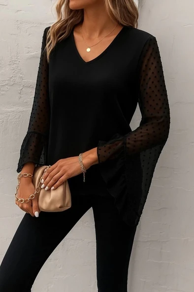 MDB Kadın Uzun Kollu V Yakalı Kolları Ispanyol Detayı Sandy Bluz - Resim 3