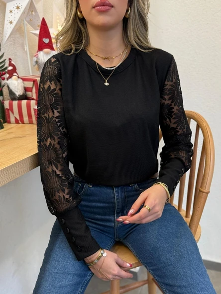 MDB Kadın Uzun Kollu Bisiklet Yaka Kolları çiçekli Waffle Bluz - Resim 8