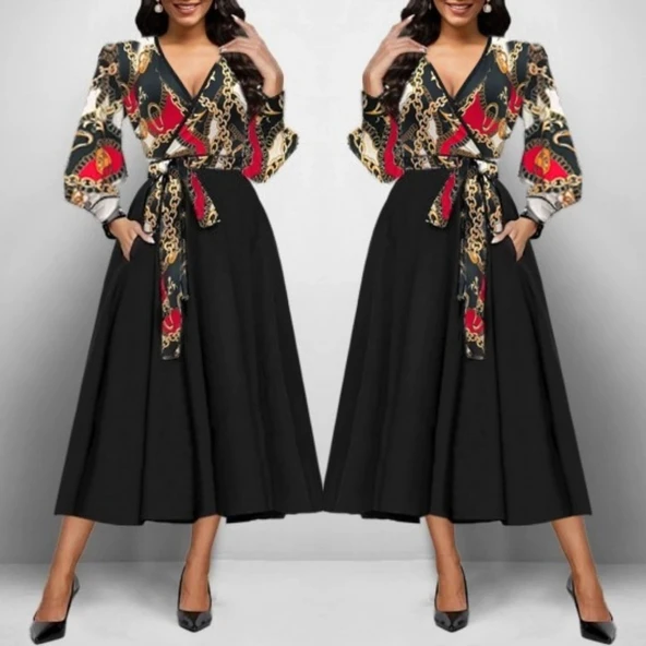 MDB Kadın Uzun Kollu Kruvaze Yaka Dalgıç Krep Midi Boy Elbise - Resim 2