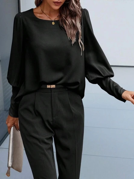 MDB Kadın Uzun Kollu Yuvarlak Yakalı Düğmeli Ithal Krep Bluz - Resim 6