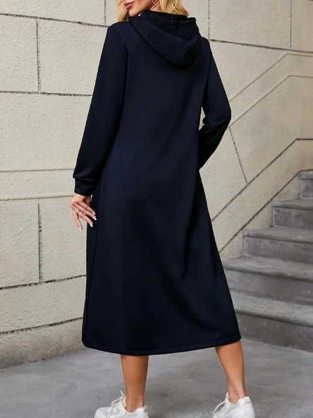 MDB Kadın Uzun Kollu Kapşonlu Cep Detaylı Viskon Iki Iplik Maxi Elbise - Resim 2