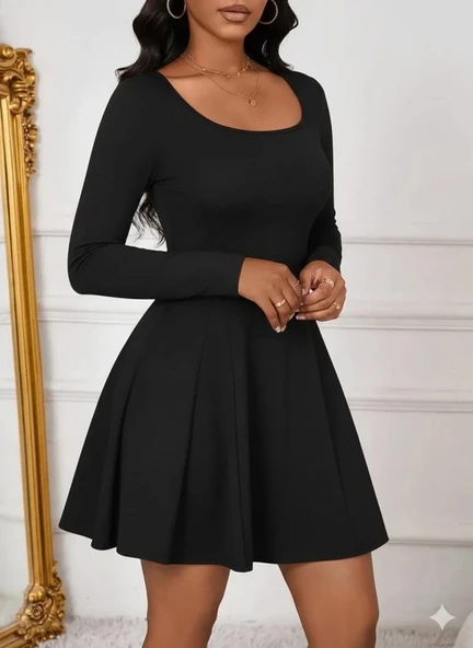 MDB Kadın Uzun Kollu Kare Yakalı Mini Ithal Krep Elbise - Resim 2