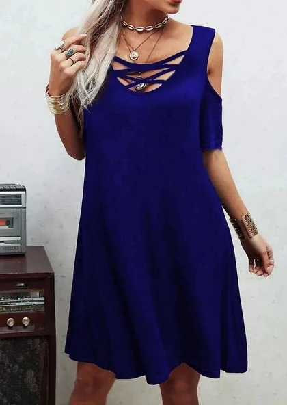 MDB Dekolteli Bağcık Detay Viskon Kumaş Elbise - Resim 2