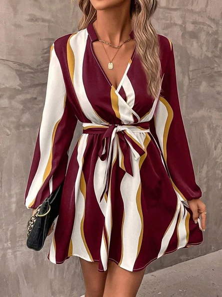 MDB Kadın Uzun Kollu Kruvaze Yakalı Desenli Modal Mini Elbise ürün görseli 1