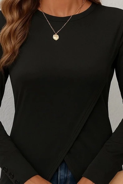 MDB Kadın Uzun Kollu Bisiklet Yaka önden çapraz Kesim Detay Midi Viskon Bluz - Resim 3