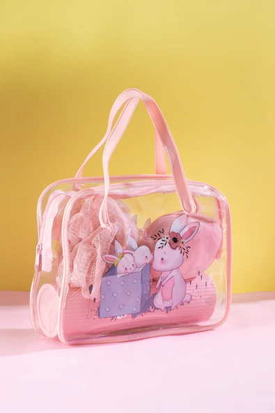 Porsima 3143 Tavşan Figürlü Seyahat Seti - Diş Fırçası Kutusu Banyo Lifi Sabun Kutusu Seyahat Çantası Pembe - 4