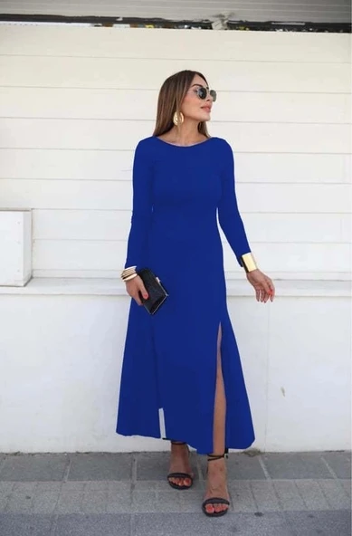 MDB Kadın Uzun Kollu Hafif Kayık Yaka Sırt Dekolteli Yırtmaç Detaylı Viskon Tam Boy Elbise ürün görseli 1