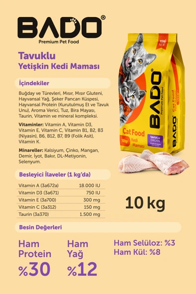 Bado Yetişkin Kedi Maması Tavuklu 10 Kg - 5