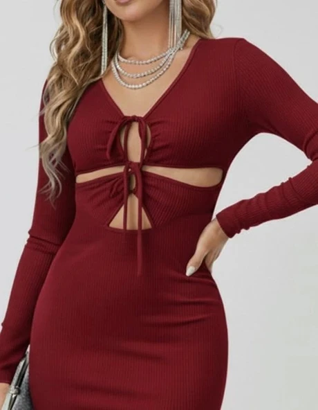 MDB Kadın Uzun Kollu Göğüs Ve Göbek Dekolte Detay Sandy Midi Boy Elbise - Resim 2