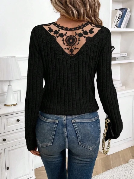 MDB Kadın Uzun Kollu V Yakalı Arkadan Dantel Detaylı şardonlu Kaşkorse Bluz - Resim 2