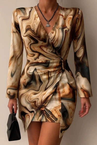 MDB Kadın Uzun Kollu Kruvaze Yakalı Asimetrik Detaylı Mini Modal Elbise ürün görseli 1