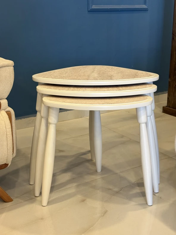 Bohem Tasarım Traverten 3’lü Zigon Sehpa Takımı 1.Kalite MDF Ağaç Ayak Oval Sehpa - Resim 2