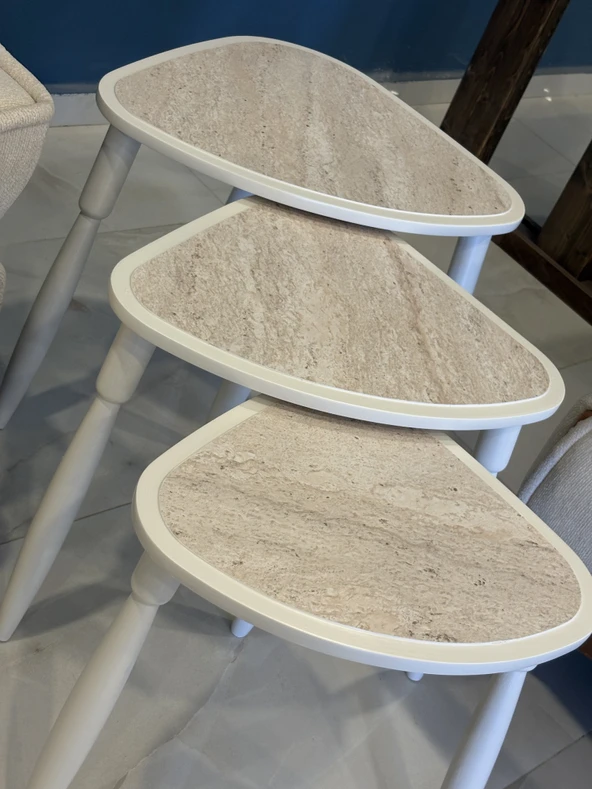 Bohem Tasarım Traverten 3’lü Zigon Sehpa Takımı 1.Kalite MDF Ağaç Ayak Oval Sehpa - Resim 3