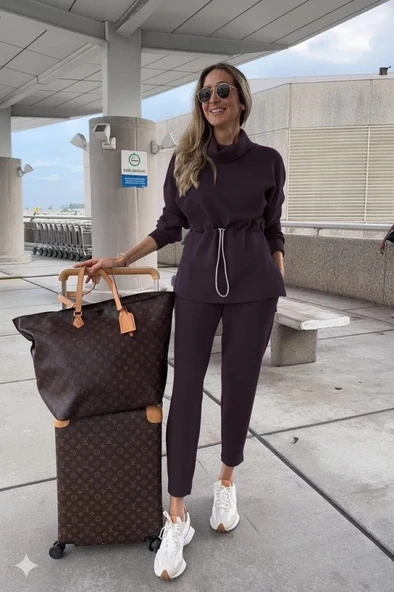 MDB Kadın Uzun Kollu Balıkçı Yaka Belden Lastikli Modal Bluz Ve Pantolon Ikili Takım - Resim 4