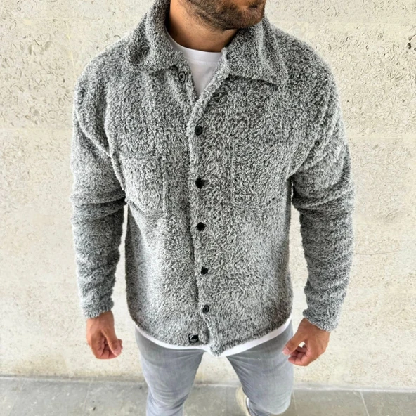 MDB Erkek Pelüş Polar Hırka Gömlek – Yakalı, İlik Düğmeli, Göğüs Cepli, Yumuşak Dokulu Kışlık Regular Fit Rahat Günlük o - 3