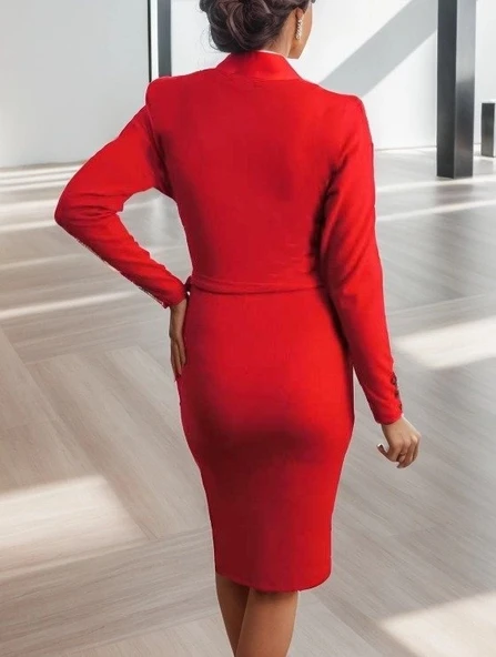 MDB Kadın Uzun Kollu Kruvaze Yaka Bağcık Detay Akrilik Mini Boy Elbise - Resim 8