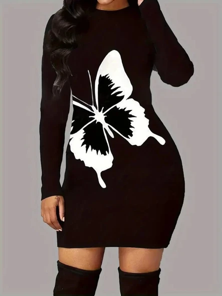 MDB Kadın Uzun Kollu Bisiklet Yaka Kelebek Desenli Kısa Viskon Iki Iplik Elbise ürün görseli 1