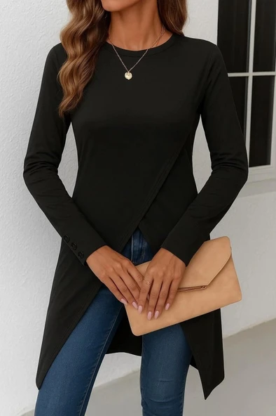 MDB Kadın Uzun Kollu Bisiklet Yaka önden çapraz Kesim Detay Midi Viskon Bluz ürün görseli 1