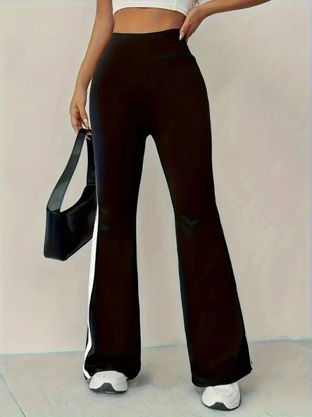 MDB Kadın Yüksek Bel İspanyol Paçalı Yanlardan şerit Detaylı Dalgıç Tayt Pantolon - Resim 4