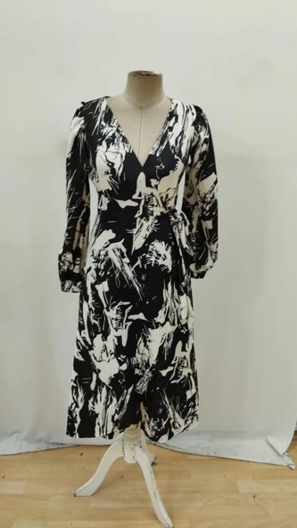 MDB Kadın Uzun Kollu Kruvaze Yakalı Yandan Bağlamalı Desenli Mini Modal Elbise - Resim 7