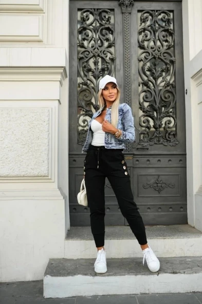 MDB Kadın Yüksek Bel Lastikli Yanlardan Düğmeli Viskon Iki Iplik Pantolon - Resim 4