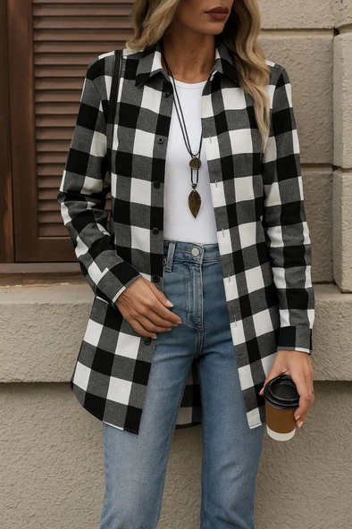 MDB Kadın Uzun Kollu Ekoseli önden Düğmeli Dokuma Uzun Gömlek - Resim 3