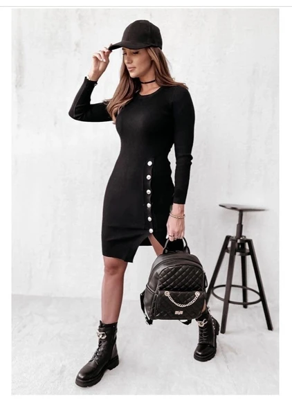 MDB Kadın Siyah Uzun Kollu Bisiklet Yaka Yan Yırtmaç Düğme Detay Kısa Kaşkorse Elbise ürün görseli 1
