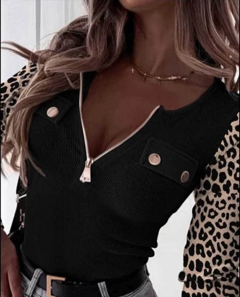 MDB Kadın Uzun Kollu Leopar Desenli Fermuarlı önden Cep Ve Düğme Detaylı Kaşkorse Bluz - Resim 2