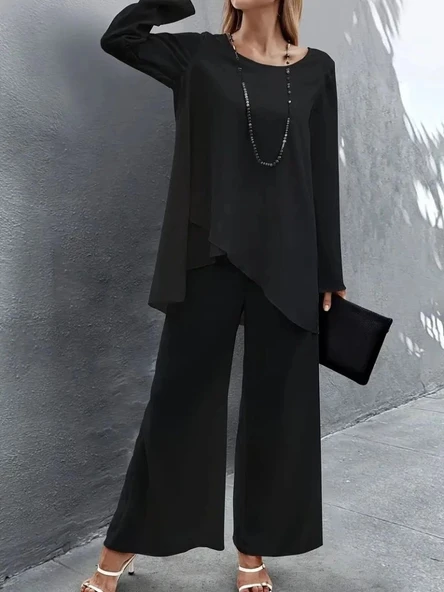 MDB Kadın Uzun Kollu Asimetrik Detaylı Salaş Sandy Bluz Ve Pantolon Ikili Takım - Resim 4