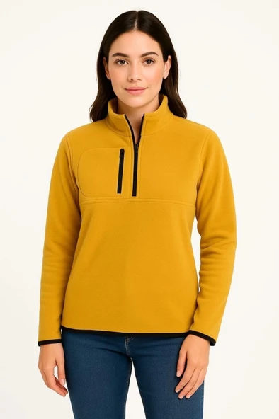 MDB Polar Kazak – Dik Yaka, Yarım Fermuarlı, Fermuarlı Göğüs Cepli, iyah Biyeli, Kışlık Rahat Regular Fit Günlük odel  a - Resim 3