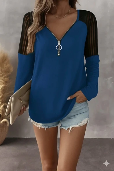 MDB Kadın Uzun Kollu Yakadan Fermuarlı Viskon Bluz ürün görseli 1