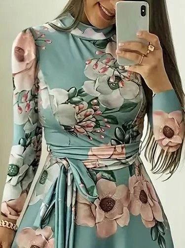 MDB Kadın Uzun Kollu Yuvarlak Yakalı Beli Kuşaklı Desenli Süprem Uzun Elbise - Resim 2