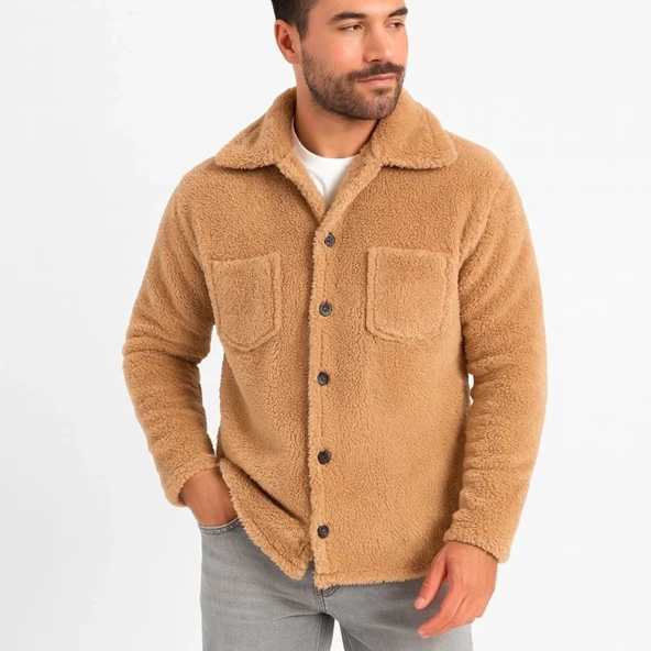 MDB Erkek Pelüş Polar Hırka Gömlek – Yakalı, İlik Düğmeli, Göğüs Cepli, Yumuşak Dokulu Kışlık Regular Fit Rahat Günlük o