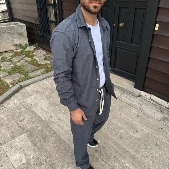 MDB Erkek Kadife Oversize Takım – Gömlek Ve Pantolon İkili et Füme Corduroy Şıklığı, Rahat Ve Zarif Duruş Yumuşak Dokulu - 3