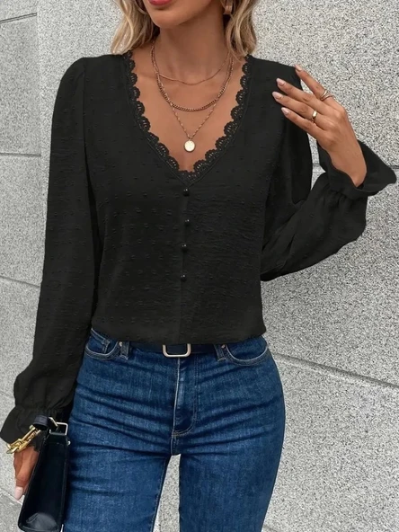 MDB Kadın Uzun Kollu V Yakalı önden Düğmeli Bluz - Resim 2