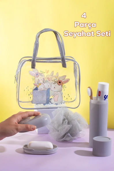 Porsima 3145 Tavşan Figürlü Seyahat Seti - Diş Fırçası Kutusu Banyo Lifi Sabun Kutusu Seyahat Çantası Gri