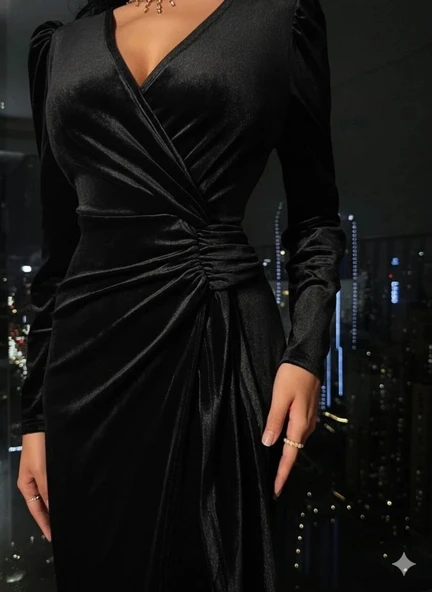 MDB Kadın Uzun Kollu Kruvaze Yakalı Yandan Büzgülü Midi Kadife Elbise - Resim 3