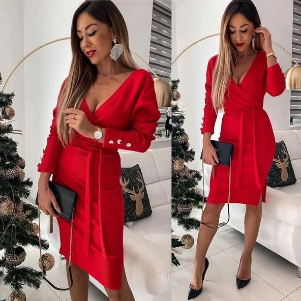 MDB Kadın Uzun Kollu Kruvaze Yaka Bağcık Detay Akrilik Mini Boy Elbise ürün görseli 1