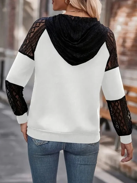 MDB Kadın Uzun Kollu Dantelli Kapşonlu Viskon Iki Iplik Bluz - Resim 3