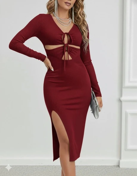 MDB Kadın Uzun Kollu Göğüs Ve Göbek Dekolte Detay Sandy Midi Boy Elbise - Resim 3