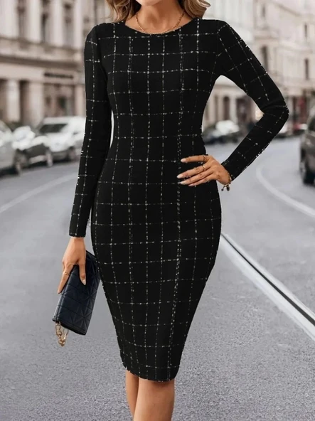 MDB Kadın Uzun Kollu Yuvarlak Yaka Mini Dokuma Elbise ürün görseli 1