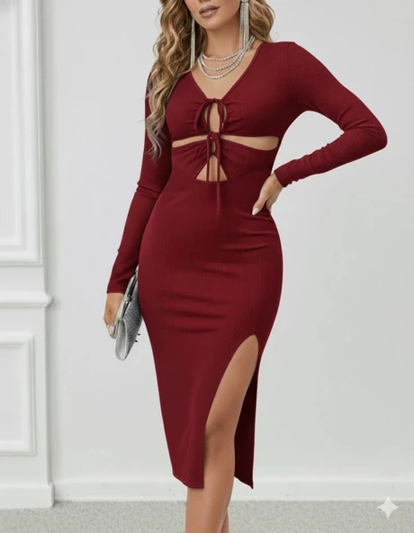 MDB Kadın Uzun Kollu Göğüs Ve Göbek Dekolte Detay Sandy Midi Boy Elbise ürün görseli 1