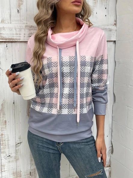 MDB Kadın Uzun Kollu Balıkçı Yaka Bağcıklı Desenli şardonlu Dalgıç Bluz - Resim 3