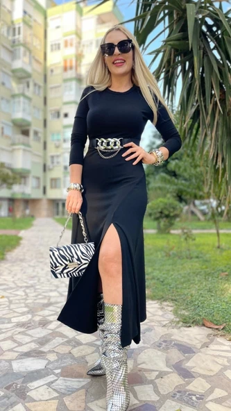 MDB Kadın Uzun Kollu Bisiklet Yaka Yırtmaçlı Kemerli Uzun çilek Elbise - Resim 3