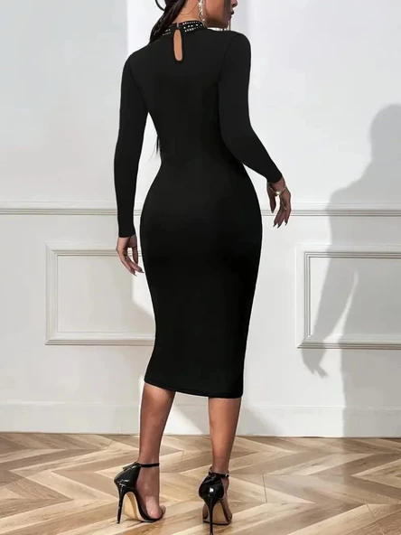 MDB Kadın Uzun Kollu Balıkçı Yaka Taşlı Damla Detay Midi Ithal Krep Elbise - Resim 3