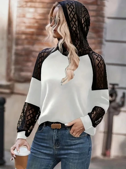 MDB Kadın Uzun Kollu Dantelli Kapşonlu Viskon Iki Iplik Bluz ürün görseli 1
