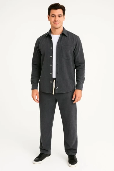 MDB Erkek Kadife Oversize Takım – Gömlek Ve Pantolon İkili et Füme Corduroy Şıklığı, Rahat Ve Zarif Duruş Yumuşak Dokulu - 2
