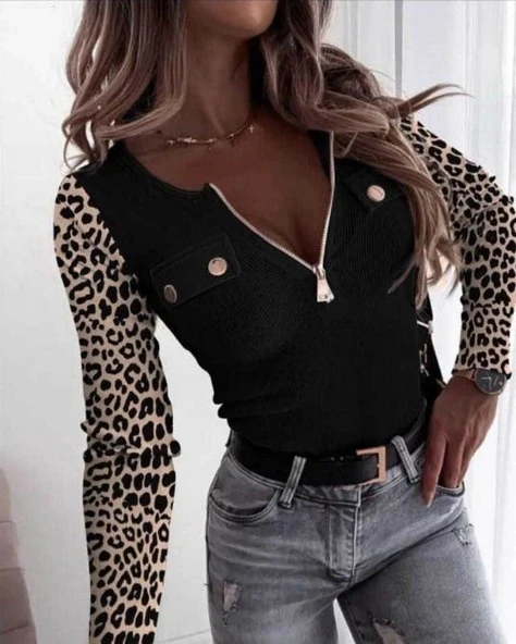 MDB Kadın Uzun Kollu Leopar Desenli Fermuarlı önden Cep Ve Düğme Detaylı Kaşkorse Bluz ürün görseli 1