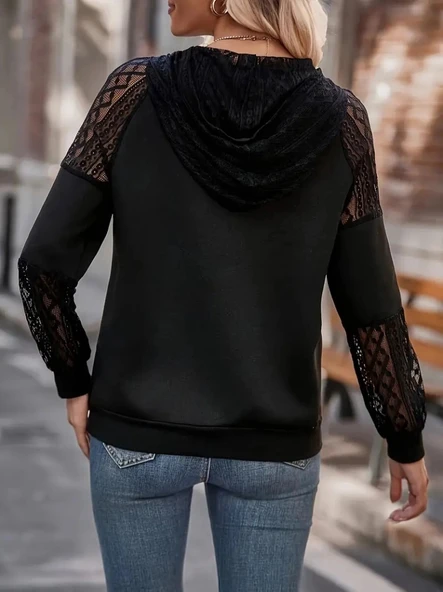MDB Kadın Uzun Kollu Dantelli Kapşonlu Viskon Iki Iplik Bluz - Resim 5