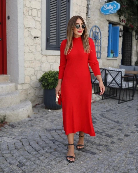 MDB Kadın Uzun Kollu Yarı Balıkçı Yaka Arkadan Pencere Detaylı Bağcıklı Midi Triko Elbise - Resim 2